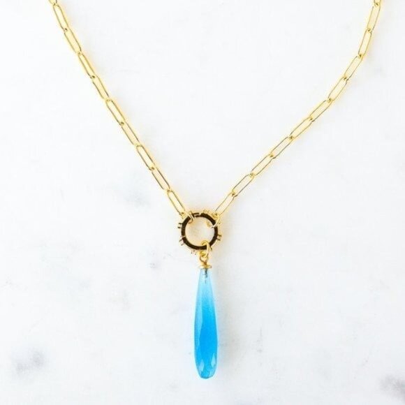 Gold Chain Pendant Necklace Gemstone Pendant Blue Chalcedony BEAUTIFUL Necklace - Picture 5 of 12